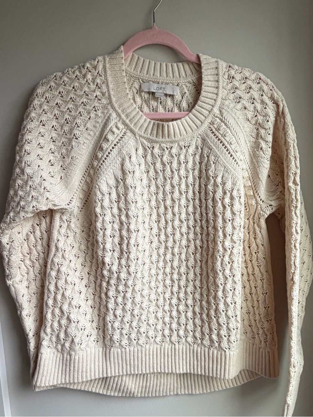 LOFT Ivory Open-Stitch Crewneck Sweater